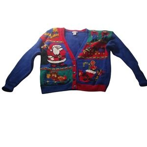 Gallagher 3322 Womens L Blue Vintage Ugly Christmas Sweater Cardigan Santa READ